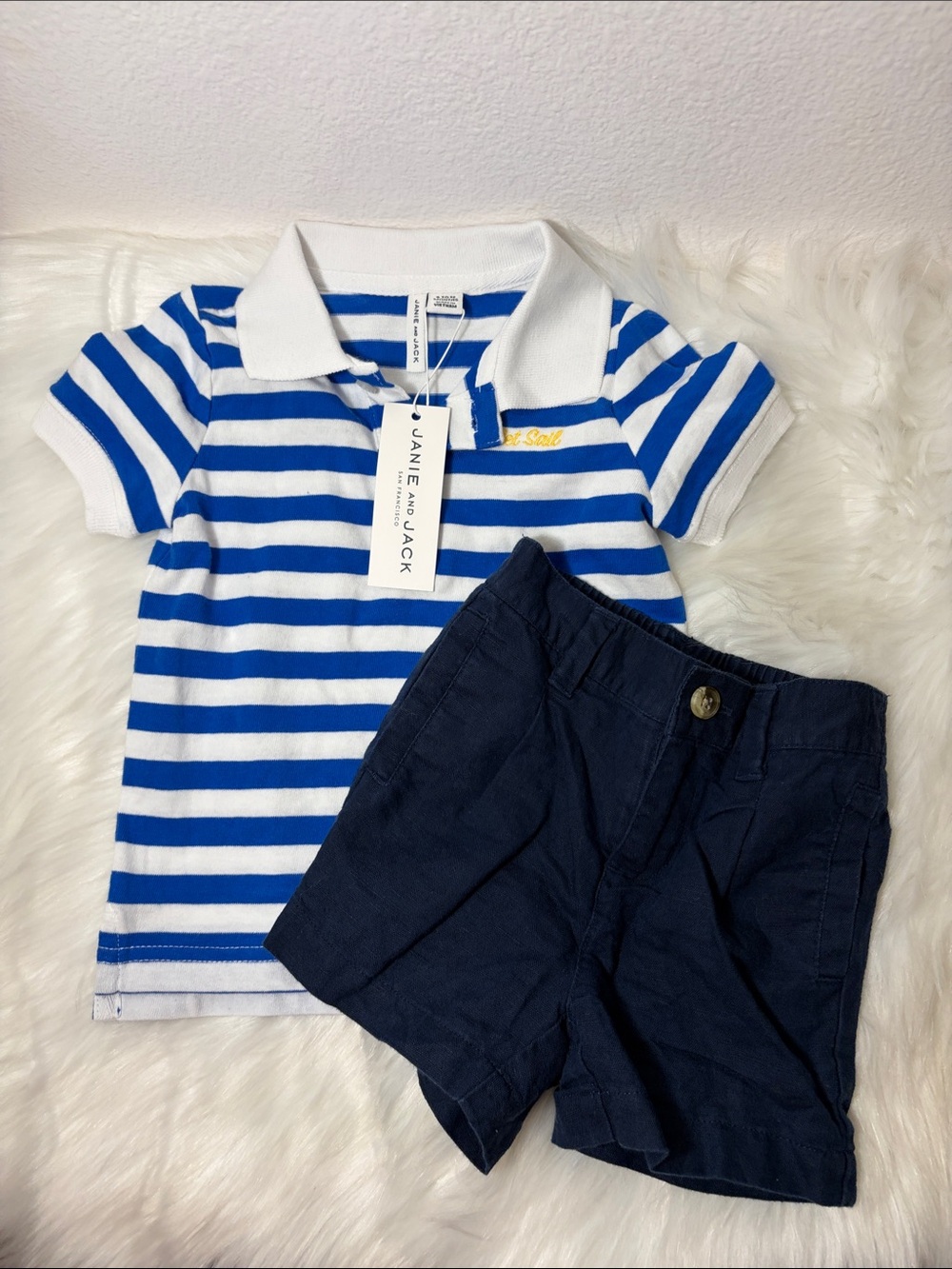 NWT Janie and Jack Blue & White Striped Polo with Navy Shorts